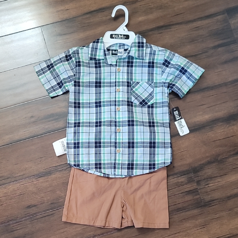 Plaid Kids Button-Down Shirt with Brown Shorts